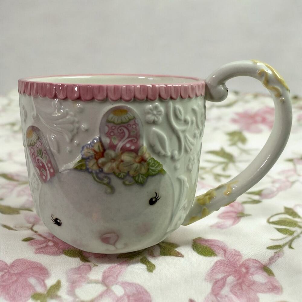 Grasslands Road White Pink Easter Bunny Rabbit Whimsical Ceramic Coffee Mug